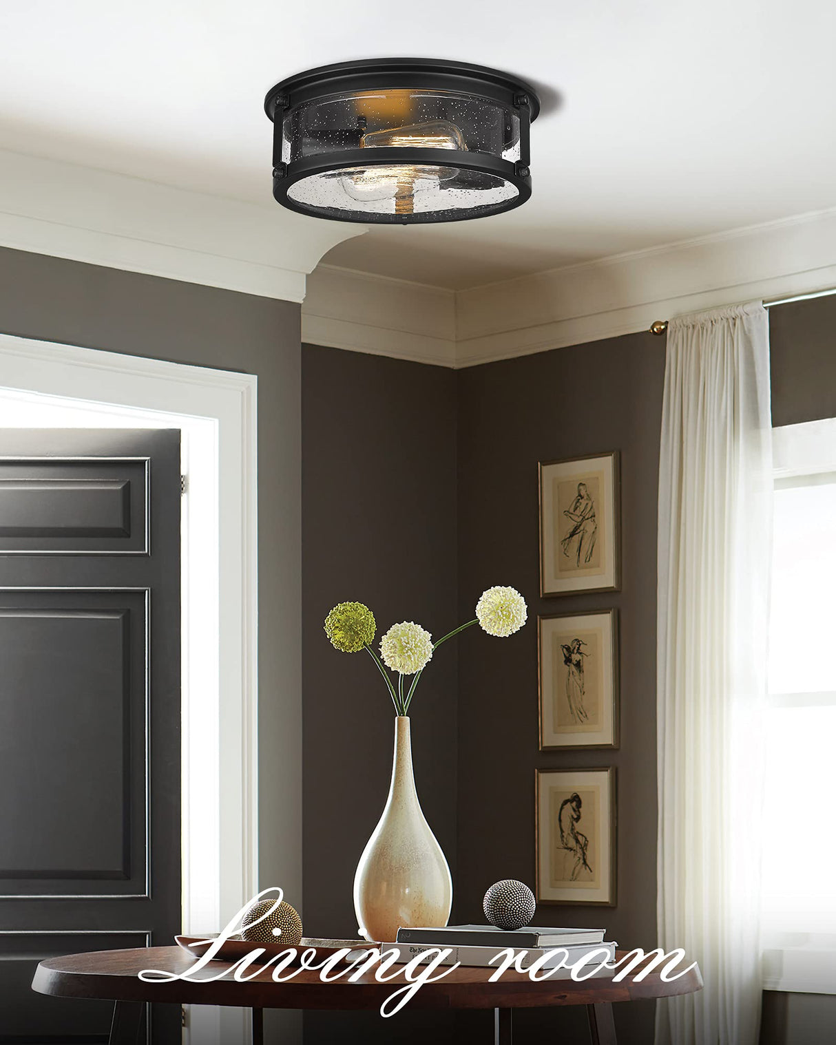 FOITTON Industrial Flush Mount Ceiling Light, 2-Light Farmhouse Metal Cage Ceiling Lights for Hallway,Kitchen,Stairways,Bedroom,Matte Black Finish FOITTON