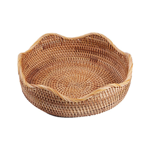 AMOLOLO Handmade Rattan Round Fruit Basket Food Storage Bowls Kitchen Organizer Snack Serving Bowl Wavy Edge Circle Tray Basket, Boho Home Décor Display Tray for Table, Dining Room (Medium 10.2") amololo