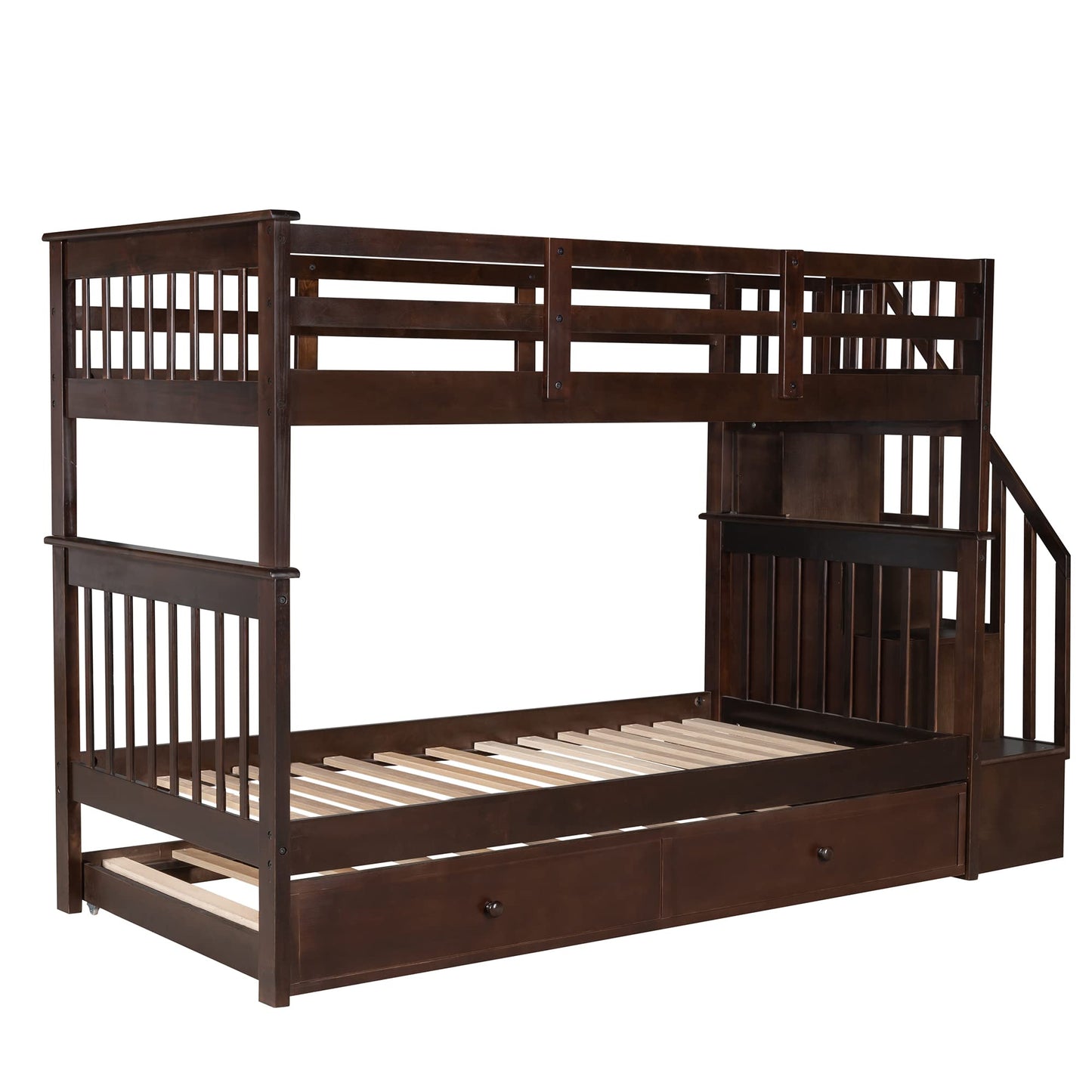 Twin Over Twin Bunk Bed with Trundle and Stairs, Solid Wood Bunk Beds Frame with Storage for Kids, Teens, Adults, Bedroom, Dorm. No Box Spring Needed (Espresso)