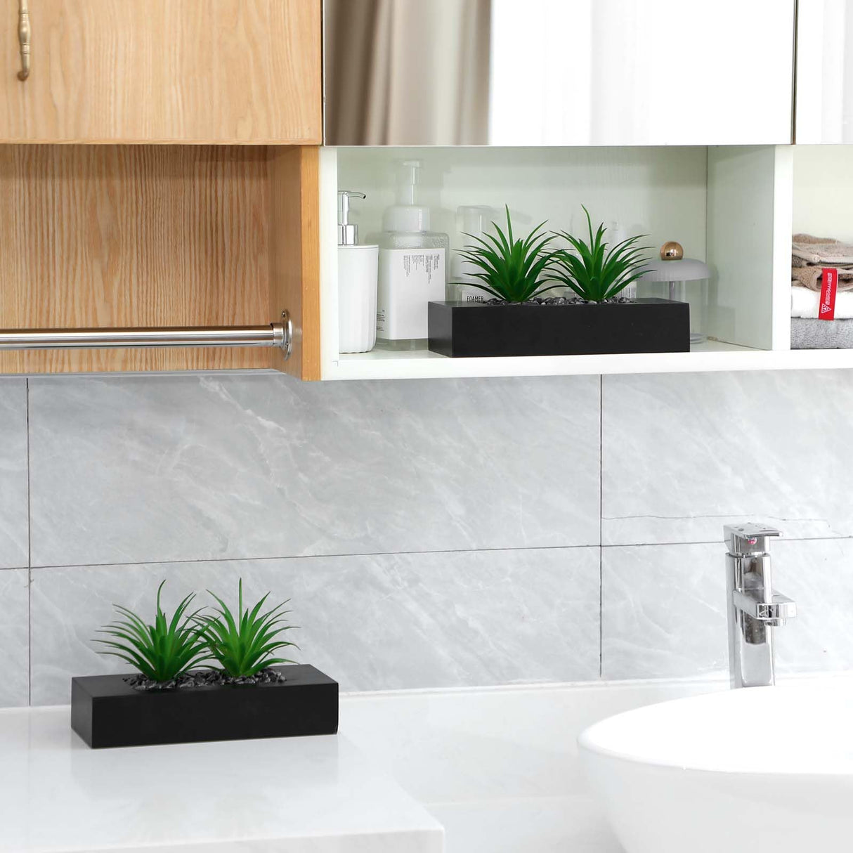 Hotop 2 Pcs Artificial Green Grass Plants in Wood Decorative Planter Pot Wooden Faux Greenery Rectangle Box Table Plant for Tabletop Centerpiece Indoor Decor(9.5 Inch,Black) Hotop