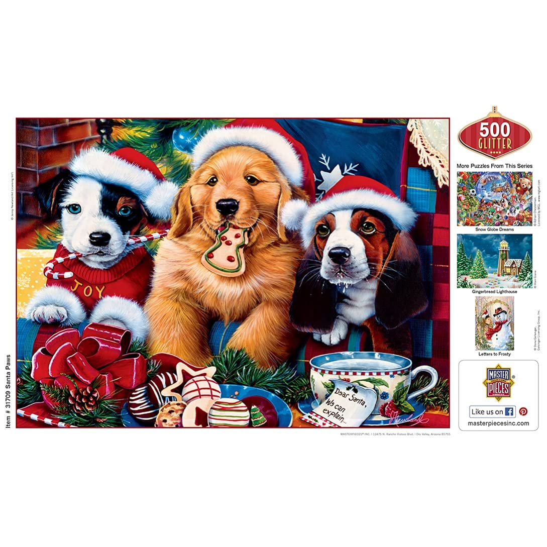 MasterPieces 500 Piece Glitter Christmas Jigsaw Puzzle - Santa Paws - 15"x21" Masterpieces