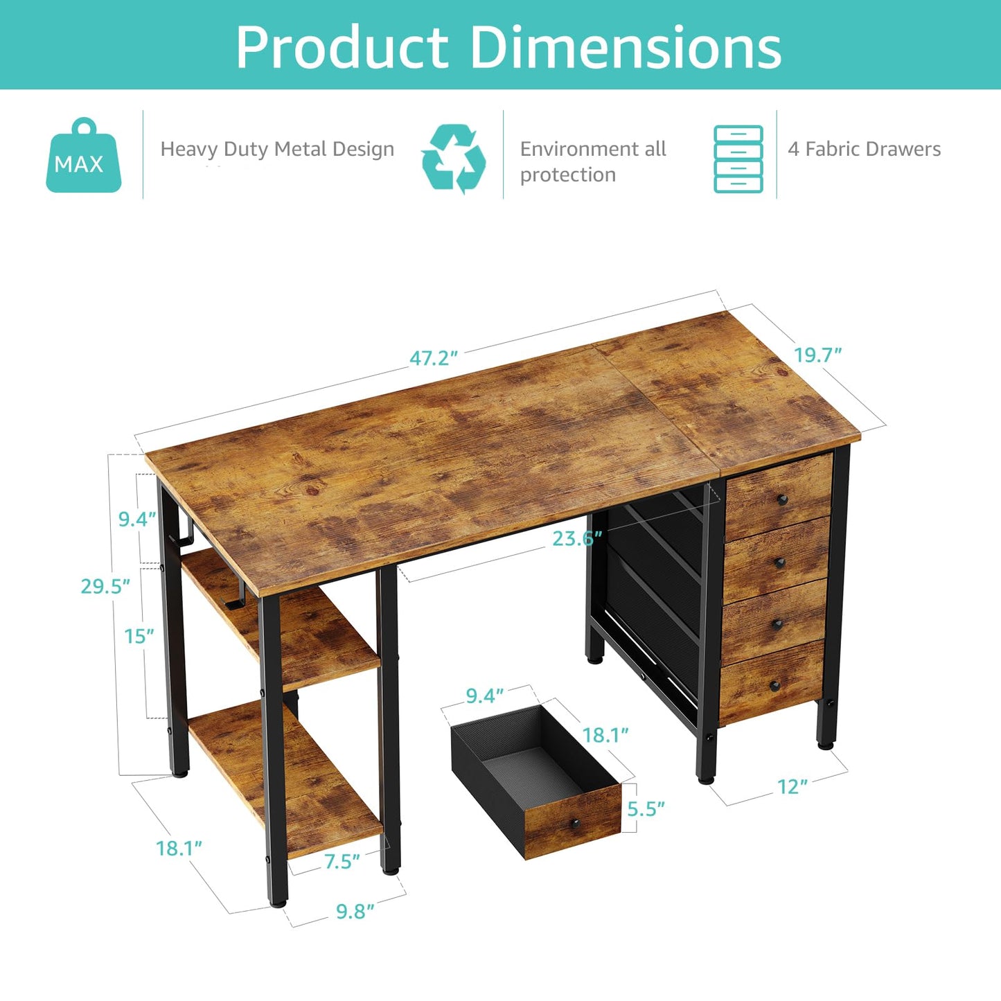 Lufeiya 47 inch Computer Desk with 4 Drawers & Storage Shelves, Writing Work Study Desk for Home Office Bedroom, Modern Simple Student PC Desks Table, Rustic Brown - WoodArtSupply