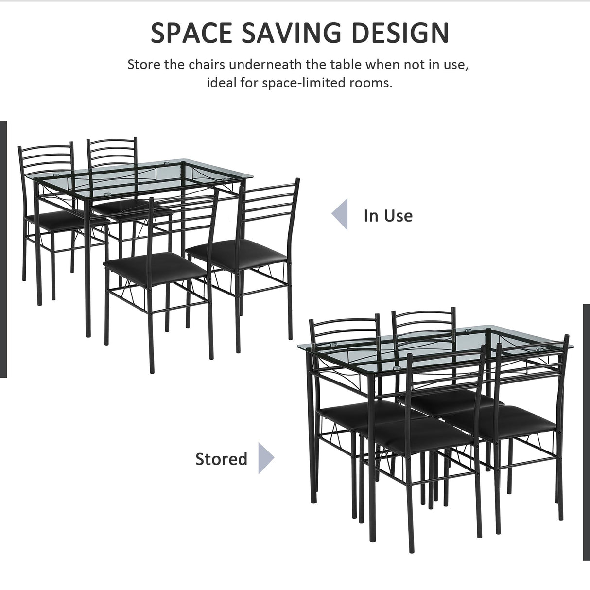 VECELO Kitchen Dining Table and Chairs Set for 4, PU Padded Seat & Glasses Tabletop, Space Saving, Matte Black VECELO