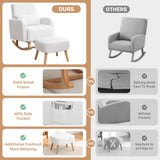 HCHAIRH Rocking Chair with Ottoman, Upholstered Nursing Glider Rocker with High Backrest and Side Pocket, Comfy Reading Chair with Solid Wood Legs for Nursery/Living Room/Bedroom White HCHAIRH