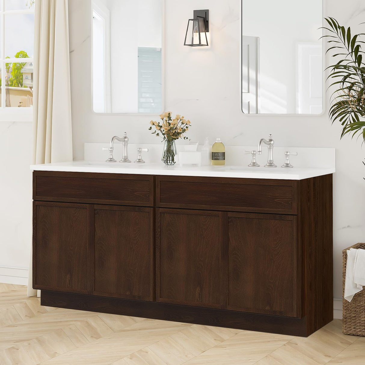 HOMEBEYOND 72 Inch Bathroom Vanity Base Only, Double Vanity Cabinet with Soft Closing Door, 2ea 36 inch Cabinet, Without Top,Brown HOMEBEYOND