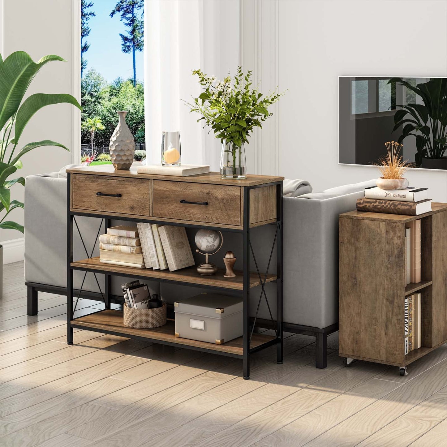 HITHOS Industrial Console Table with Drawers, Vintage Hallway Foyer Table with Storage Shelves, Narrow Long Sofa Entryway Table for Living Room, Rustic Brown - WoodArtSupply