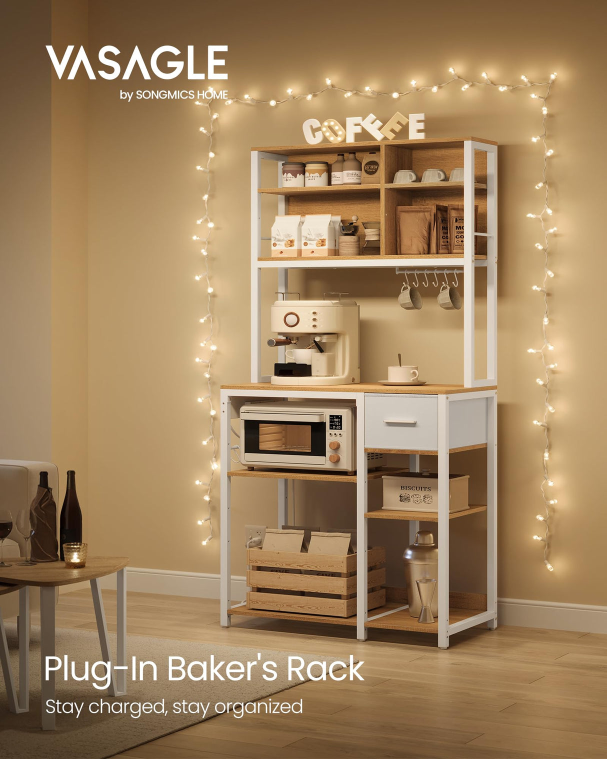 VASAGLE Bakers Rack with Charging Station, Coffee Bar with Adjustable Storage Shelves, Fabric Drawer, 12 Hooks, 15.7 x 31.5 x 71 Inches, Kitchen Microwave Stand, Golden Oak and Cloud White UKKS015Y03 VASAGLE