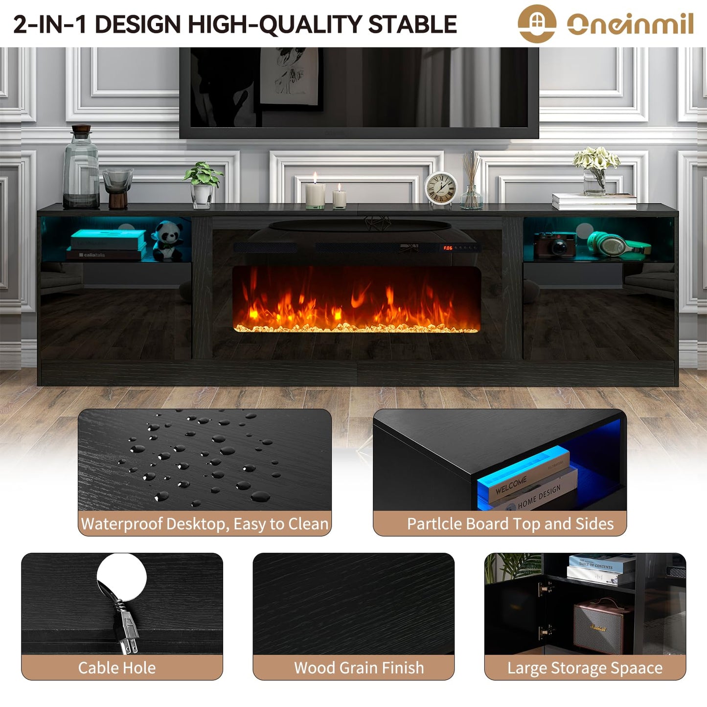 oneinmil Fireplace TV Stand with 36" Electric Fireplace, LED Light Entertainment Center with Modern Wood Texture, Highlight Storage Cabinet for TVs Up to 90", 79 inches, Black