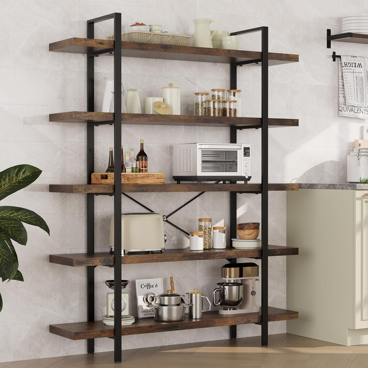 OtterOasis Heavy Duty 5-Tier Industrial Bookcase, 47" Wide Wood Bookshelf for Home Office, 120lbs Shelf Capacity, Rustic Open Shelving Display with Reinforced Horizontal Shelf for Living Room Bedroom OtterOasis