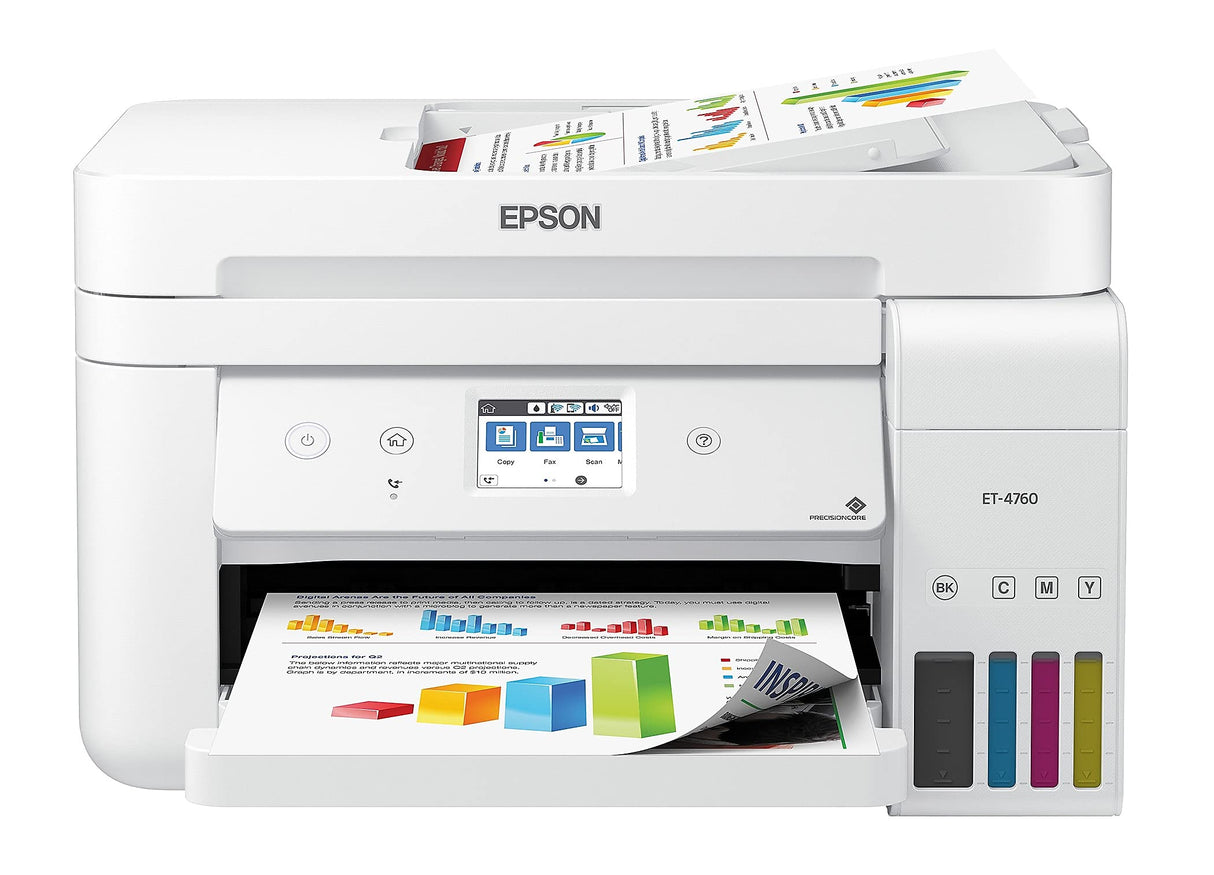 Epson EcoTank ET-4760 Wireless Color All-in-One Cartridge-Free Supertank Printer with Scanner, Copier, Fax, ADF and Ethernet - White Epson