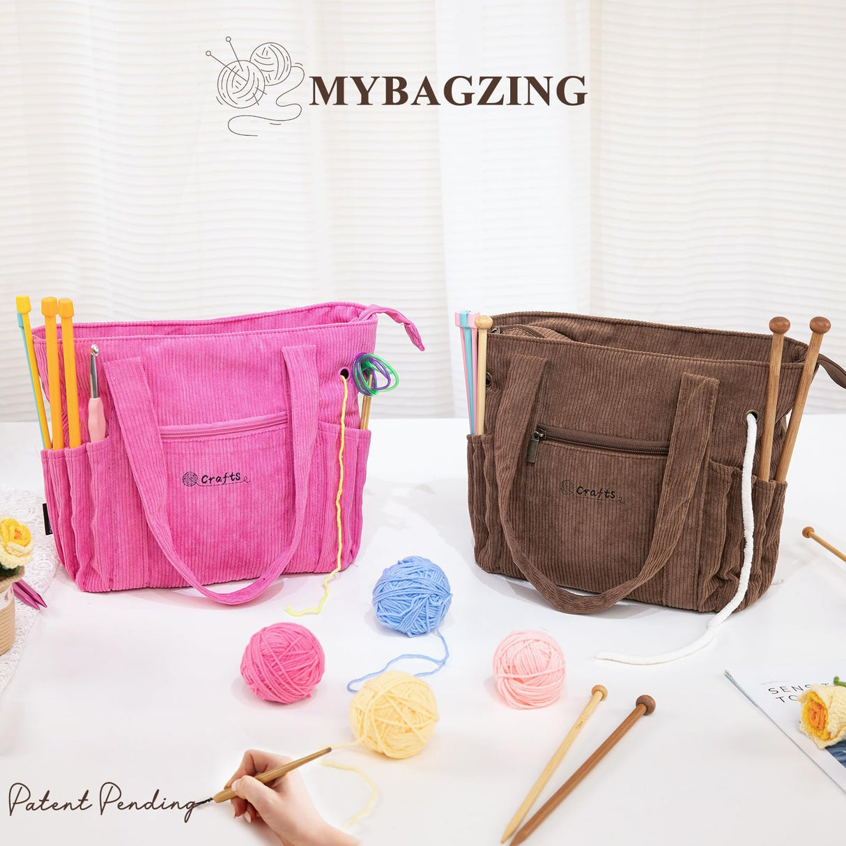 MYBAGZING Crochet Bag and Tote - Corduroy Yarn Bag - Yarn Holder for Crocheting - Crochet Storage Bag for Crochet Hooks, Crochet Accessories, Knitting Bag for Crochet Lovers, Mother's Day Gift MYBAGZING