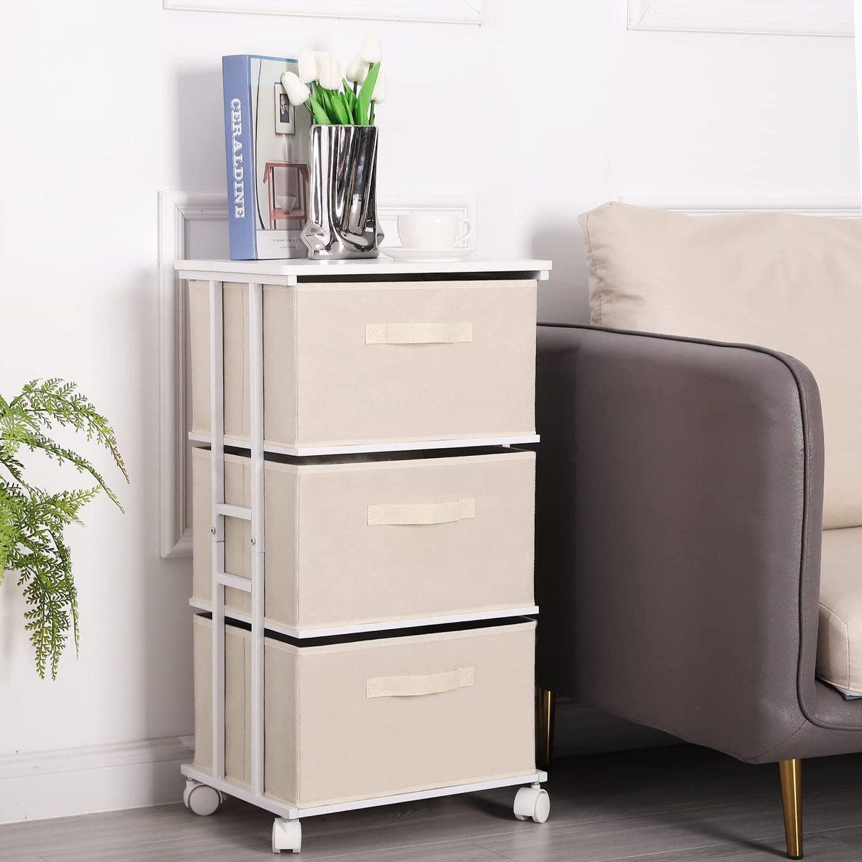 MAX Houser Dresser Tower with 3 Drawers for Bedroom, Fabric Storage Organizer Unit, Chest of Drawers with with WoodTop, Small Vertical Storage for Guest Room, Closet, Entryway, Nursery(Beige) MAX Houser