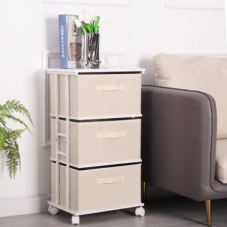 MAX Houser Dresser Tower with 3 Drawers for Bedroom, Fabric Storage Organizer Unit, Chest of Drawers with with WoodTop, Small Vertical Storage for Guest Room, Closet, Entryway, Nursery(Beige) MAX Houser