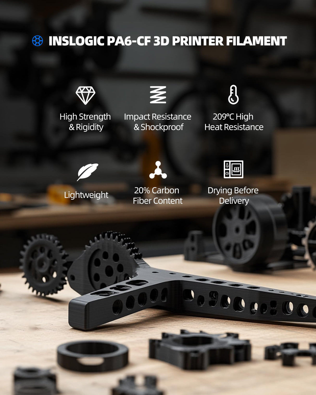 Inslogic Carbon Fiber Nylon Filament 1.75mm, Black PA6-CF 0.25kg Refill, High-Temp & Wear Resistant, High Strength & Rigidity 3D Filament for Functional Parts & Industrial Tools Inslogic