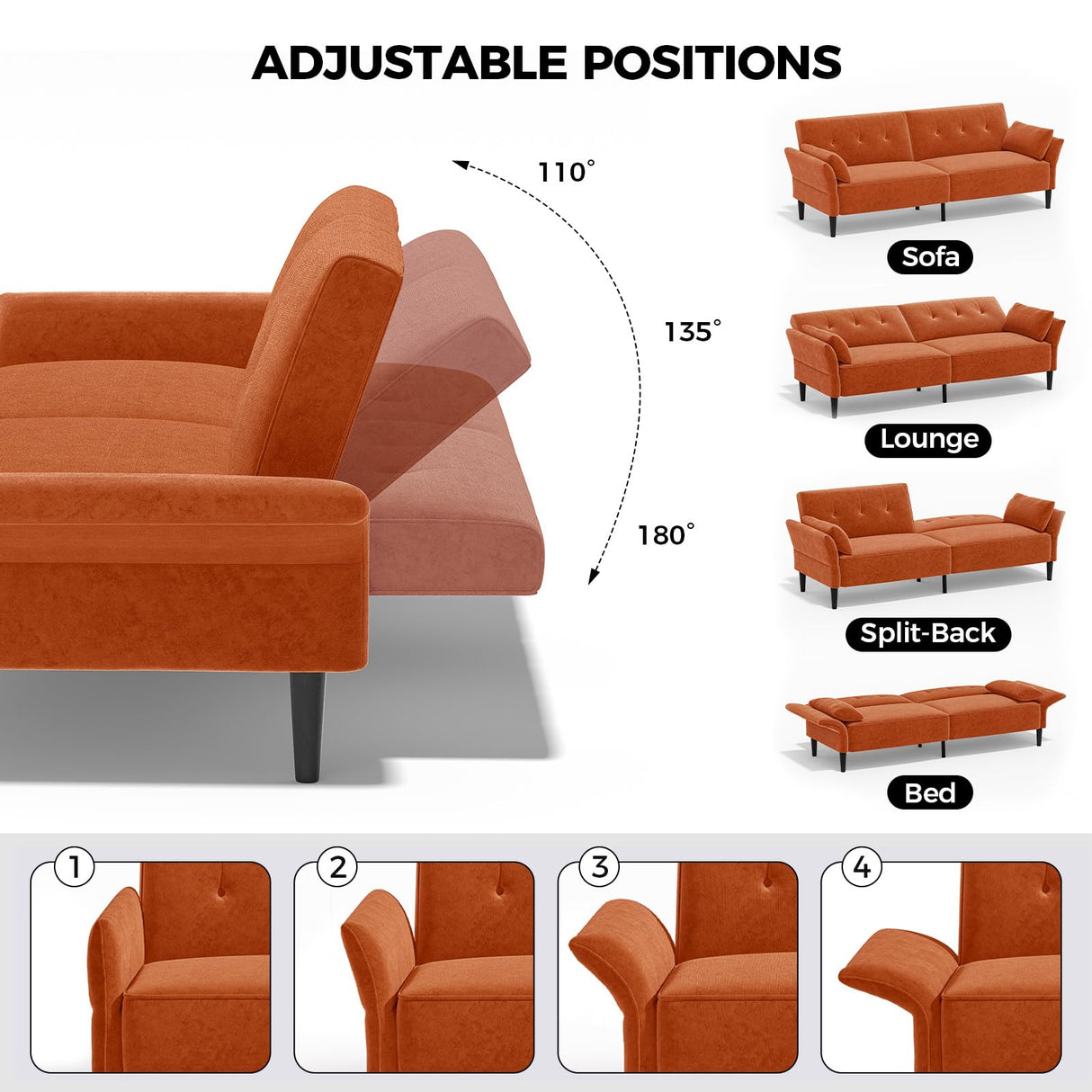 COPIAE 89” Futon Sofa Bed, Comfy Futon Couch Bed with 2 Square Pillows, Convertible Sleeper Sofa with Adjustable Backrest&Armrests, Modern Loveseat Sleeper for Living Room,Velvet Fabric,Burnt Orange COPIAE