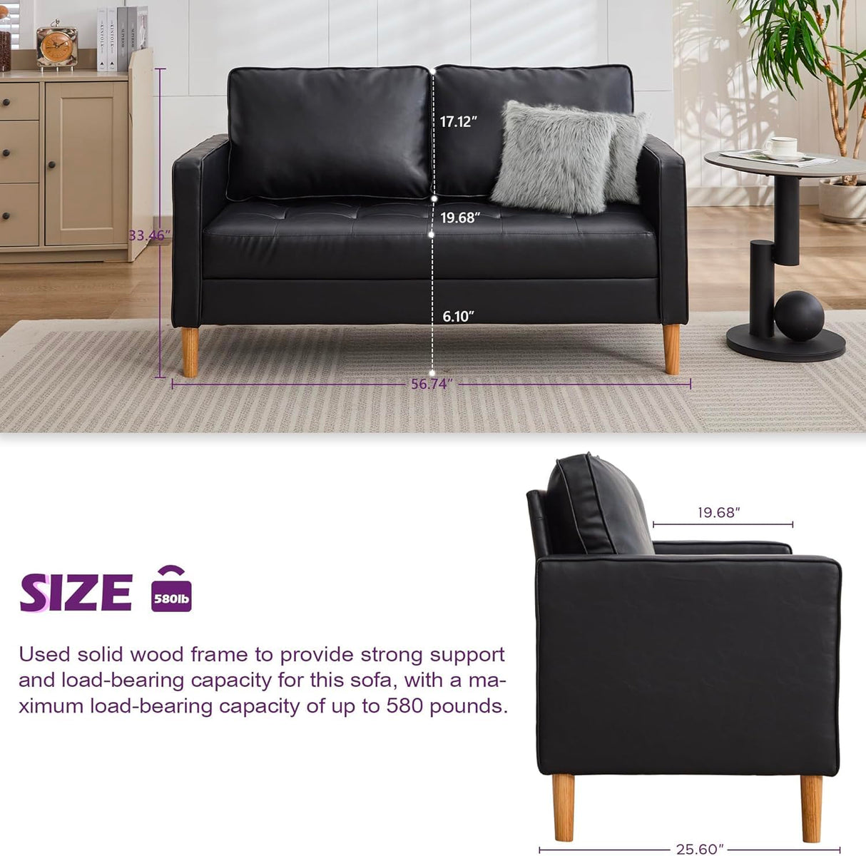 TYBOATLE 57" Small Black Faux Leather Sofa Couches, 3 Piece Living Room Set, Mid-Century Modern Tufted Comfy Loveseat, 2 Seater Office Couch Love Seat for Small Space Bedroom Drom Apartment TYBOATLE