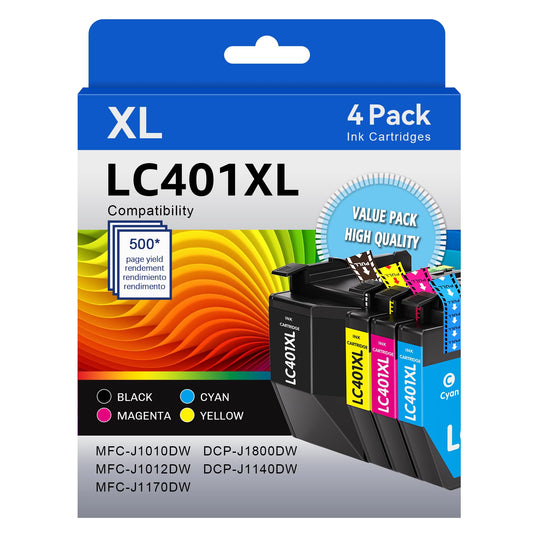 CMYBabee LC401XL Ink Cartridges for Brother Printer Compatible for Brother LC401 Ink Cartridges Work with Brother MFC-J1010DW MFC-J1012DW MFC-J1170DW DCP-J1800DW DCP-J1140DW Printer (BK,C,M,Y, 4 Pack)