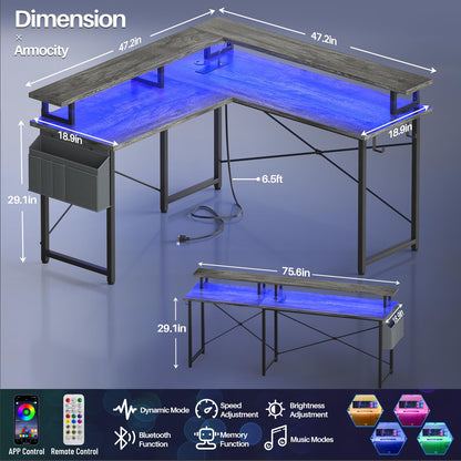 armocity L Shaped Computer Desk with Power Outlets, Gaming Desk L Shaped with LED Lights, Corner Desk with Storage Shelves, Work Study Desk for Bedroom, Home Office Small Spaces, 47'', Grey O - WoodArtSupply