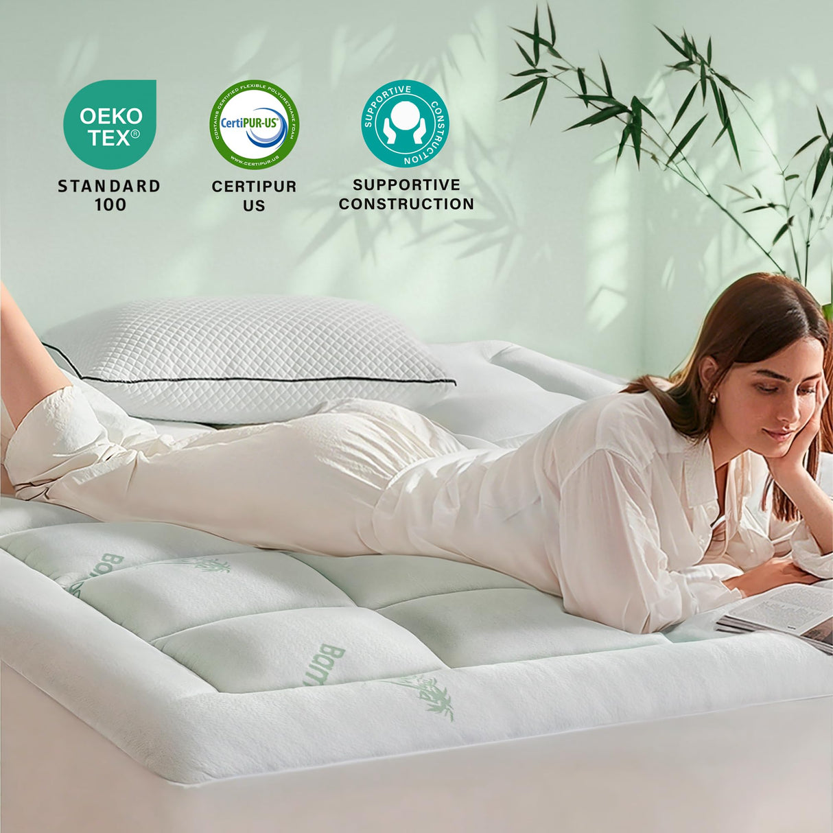 Anluoer Memory Foam Mattress Topper Queen for Back Pain, Rayon Derived from Bamboo Pillow Top Mattress Topper for Hot Sleepers,Cooling Mattress Pad with 8-21" Deep Pocket, 60x80 Inches, White Anluoer