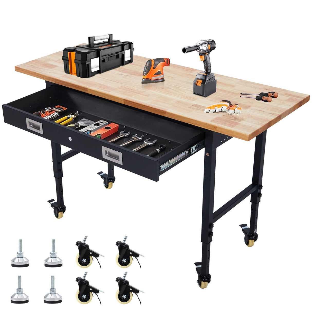 TrailBlaze 60"x22'' Workbench with Drawer Storage, Power Outlet & 4 Lockable Wheels, Heavy Duty Rubber Wood Top Workbench, Adjustable Height Work Table for Home/Garage/Workshop - 2000lbs Load Capacity TrailBlaze