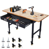 TrailBlaze 60"x22'' Workbench with Drawer Storage, Power Outlet & 4 Lockable Wheels, Heavy Duty Rubber Wood Top Workbench, Adjustable Height Work Table for Home/Garage/Workshop - 2000lbs Load Capacity TrailBlaze