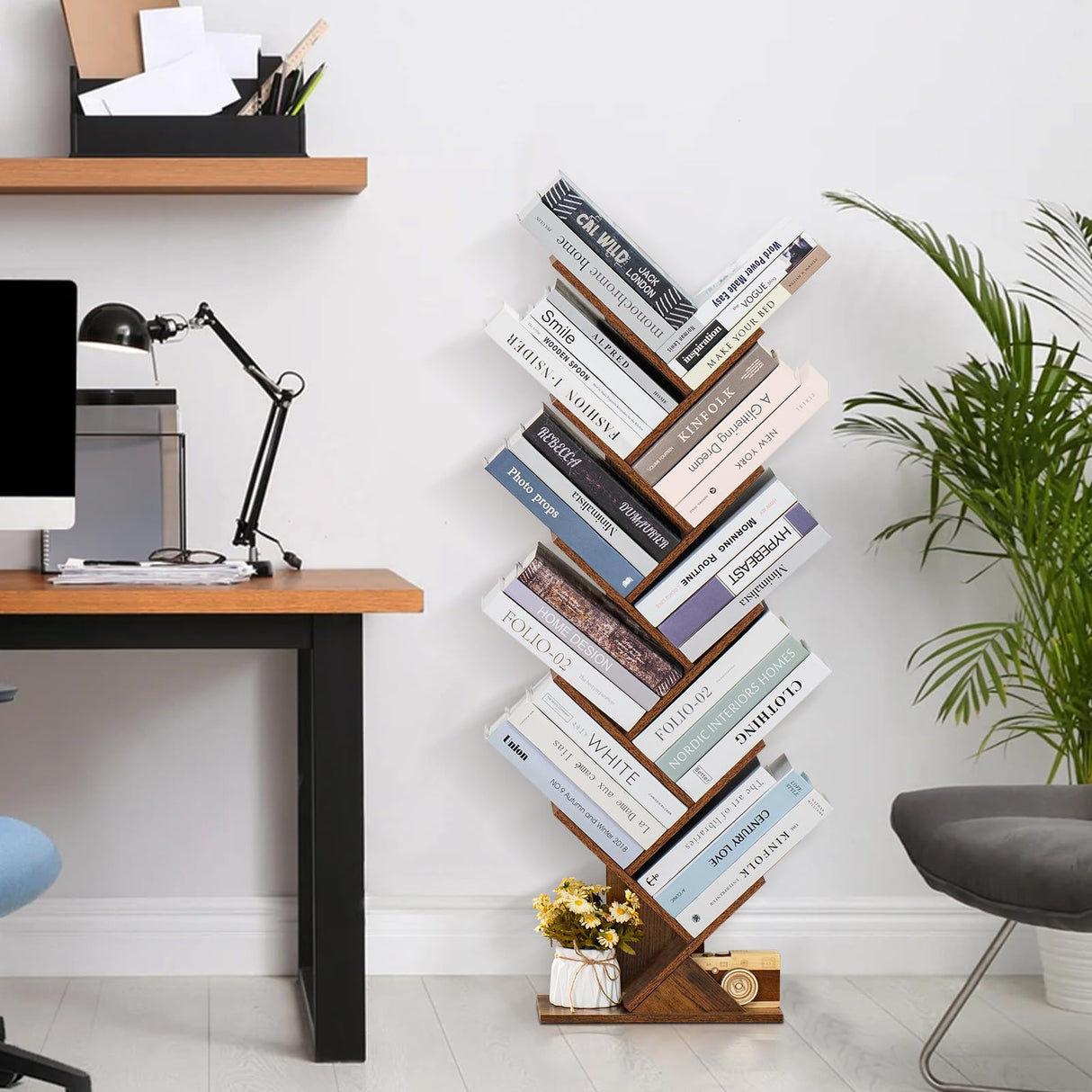 SHEEPAM 10 Tier Tree Book Shelf, Floor Standing Wood Bookshelf for Narrow Space, Storage Organizer Bookshelves for Books/CDs/Magazine, Bookcase with Shelves for Home Office, Living Room - Brown SHEEPAM