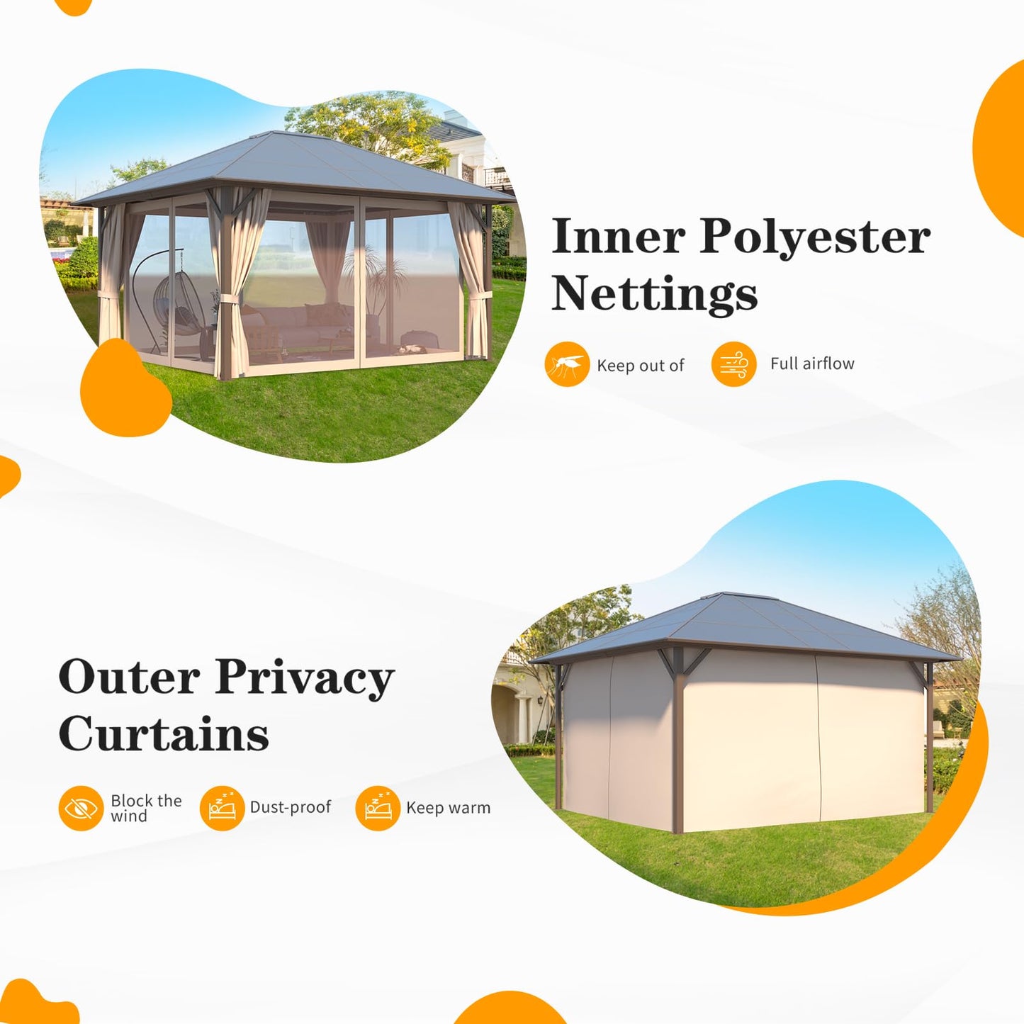 YOLENY 12'x14' Hardtop Gazebo, Outdoor Polycarbonate Roof Canopy, Aluminum Frame Permanent Pavilion with Curtains and Netting, Sunshade for Garden, Patio, Lawns