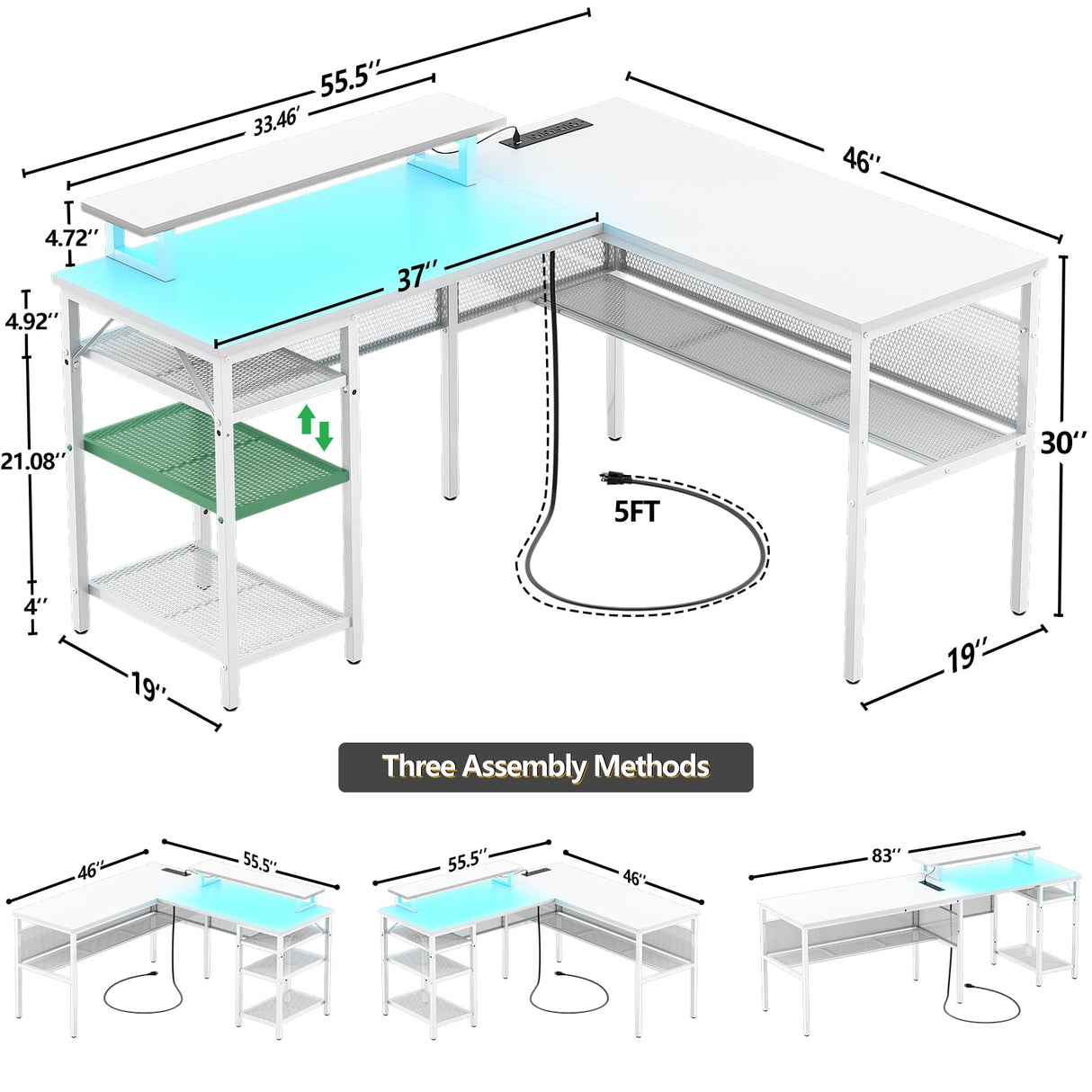 Unikito 55 Inch Reversible L-Shaped Desk with Power Outlets & Smart RGB LED Light - Elegant Corner Computer & Gaming Table in White Unikito