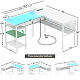 Unikito 55 Inch Reversible L-Shaped Desk with Power Outlets & Smart RGB LED Light - Elegant Corner Computer & Gaming Table in White Unikito