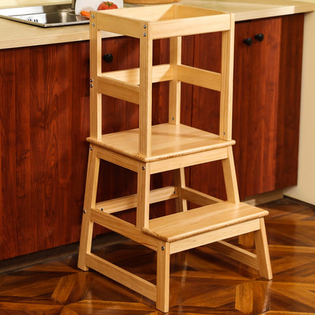 Kitchen Step Stool for Kids with Safety Rail,Toddler Standing Tower for Kitchen Counter, Baby Montessori Stool,Solid Wood Construction,Natural Wiifo
