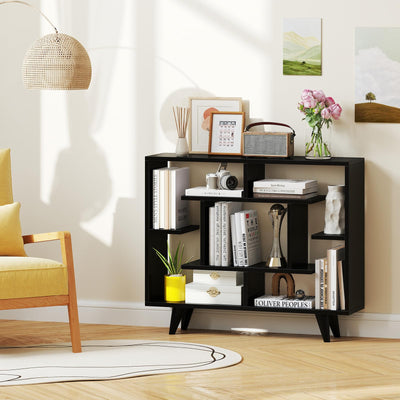 Moccha 3-Tier Geometric Bookshelf - Modern Freestanding Open Bookcase with Staggered Shelves, Decorative Storage Display Shelf, Mid Century Storage Organizer for Living Room Study (Black)