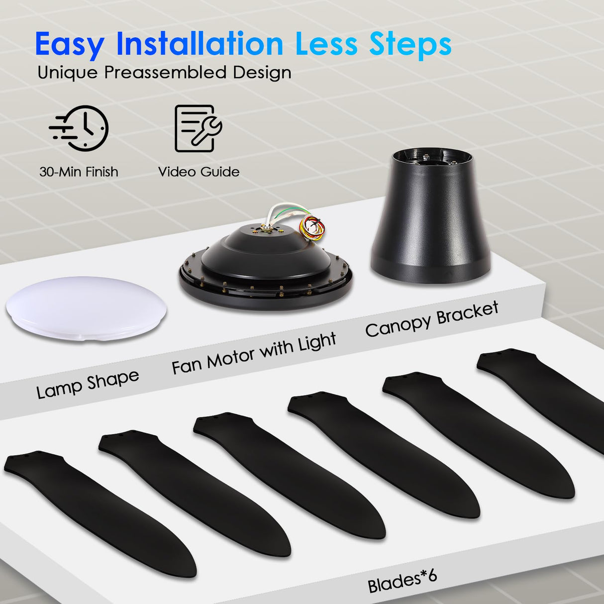 Ceiling Fans with Lights, 51 inch Modern Black Low Profile Ceiling Fan with Light and Remote App Control, Flush Mount, Quiet DC Reversible, Dim Led Ceiling Fan 6 Blade Softer Wind Indoor/Outdoor Patio BayDay