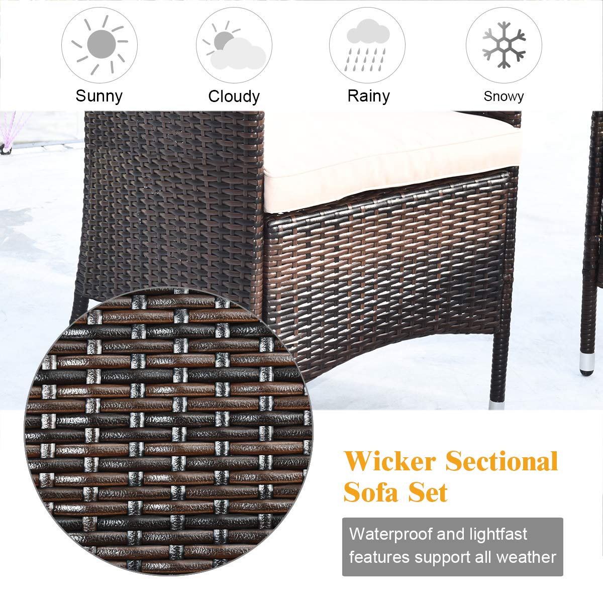 Tangkula 8 PCS Patio Rattan Conversation Set, Outdoor Wicker Furniture Set with Tempered Glass Coffee Table &Thick Cushion, Rattan Chair Wicker Set for Garden, Lawn, Poolside and Backyard (2, Brown) Tangkula