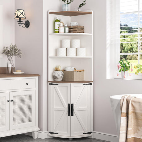 Halitaa 65.16" Tall Corner Cabinet, Farmhouse Corner Storage Cabinet with 2 Doors and 6 Storage Shelves, Corner Bookcase with Barn Door for Study, Living Room, Kitchen, White Halitaa