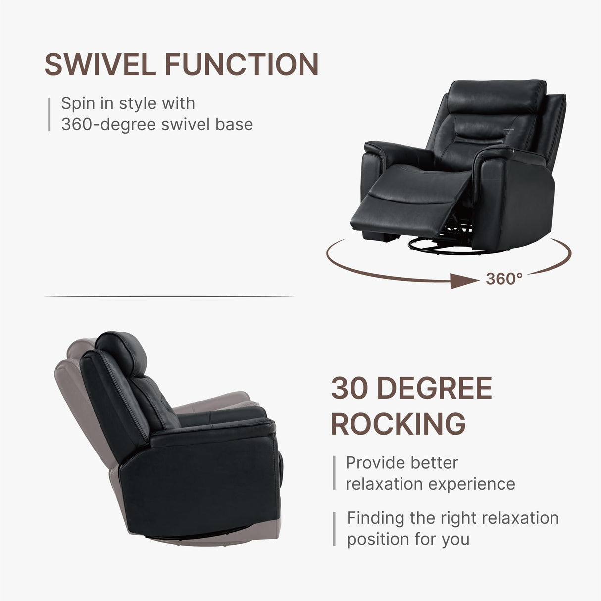 KISLOT Leather Recliner Chair, 360° Swivel Rocker for Adults Manual Rocking Reclining Chair with Adjustable Backrest Footrest for Living Room Bedroom Home Theater Seating KISLOT