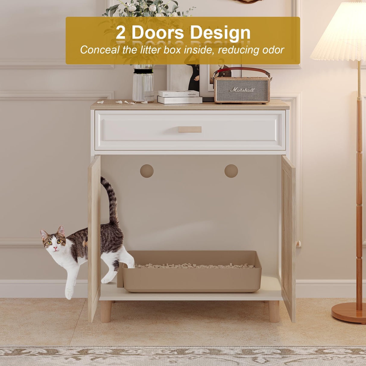Cat Litter Box Enclosure Furniture Hidden Indoor 2-in-1 Wooden Cat House & Washroom Cabinet with Scratching Board Doors and Drawer, 31.5"x15.7"x34.6"H Faceket