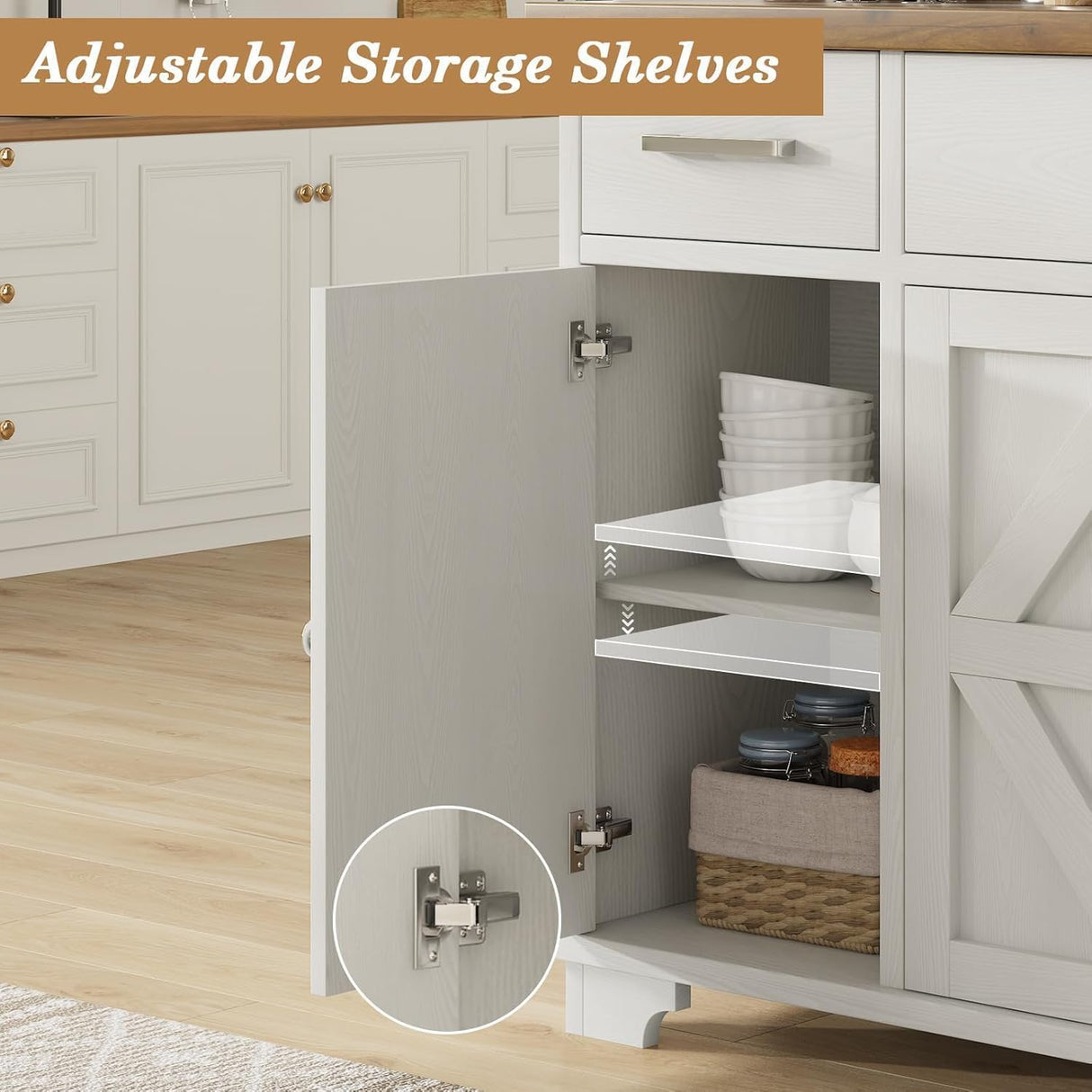 REVOMINCA 55 Inch Buffet Cabinet with 3 Drawers and 4 Barn Doors, Sideboard Coffee Bar for Kitchen, Farmhouse Coffee Bar with Storage, White REVOMINCA