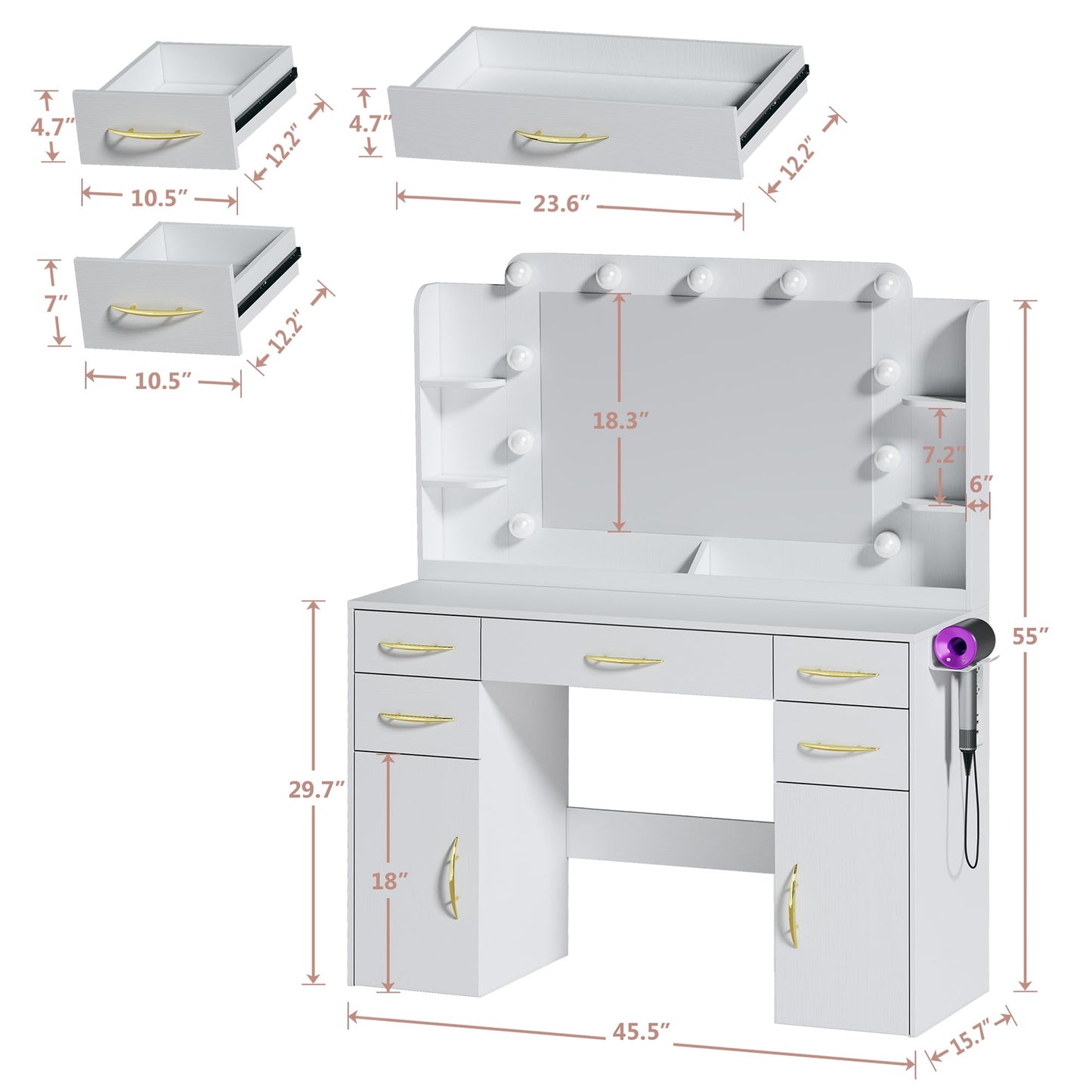 ALEXNUTRE Makeup Vanity Desk with Lights, Large Vanity Desk with Mirror and Lights in 3 Models, Vanity with Power Outlet, Vanity Desk with 5 Drawers, 2 Cabinets, Shelves, White Vanity for Bedroom