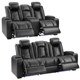 ANJ Modular Power Recliner Set: 5-Seat Home Theater Seating with 2 Loveseats (Center Console & Fixed Middle), LED Lights, USB Charging, Faux Leather for Living Room (Black) ANJ
