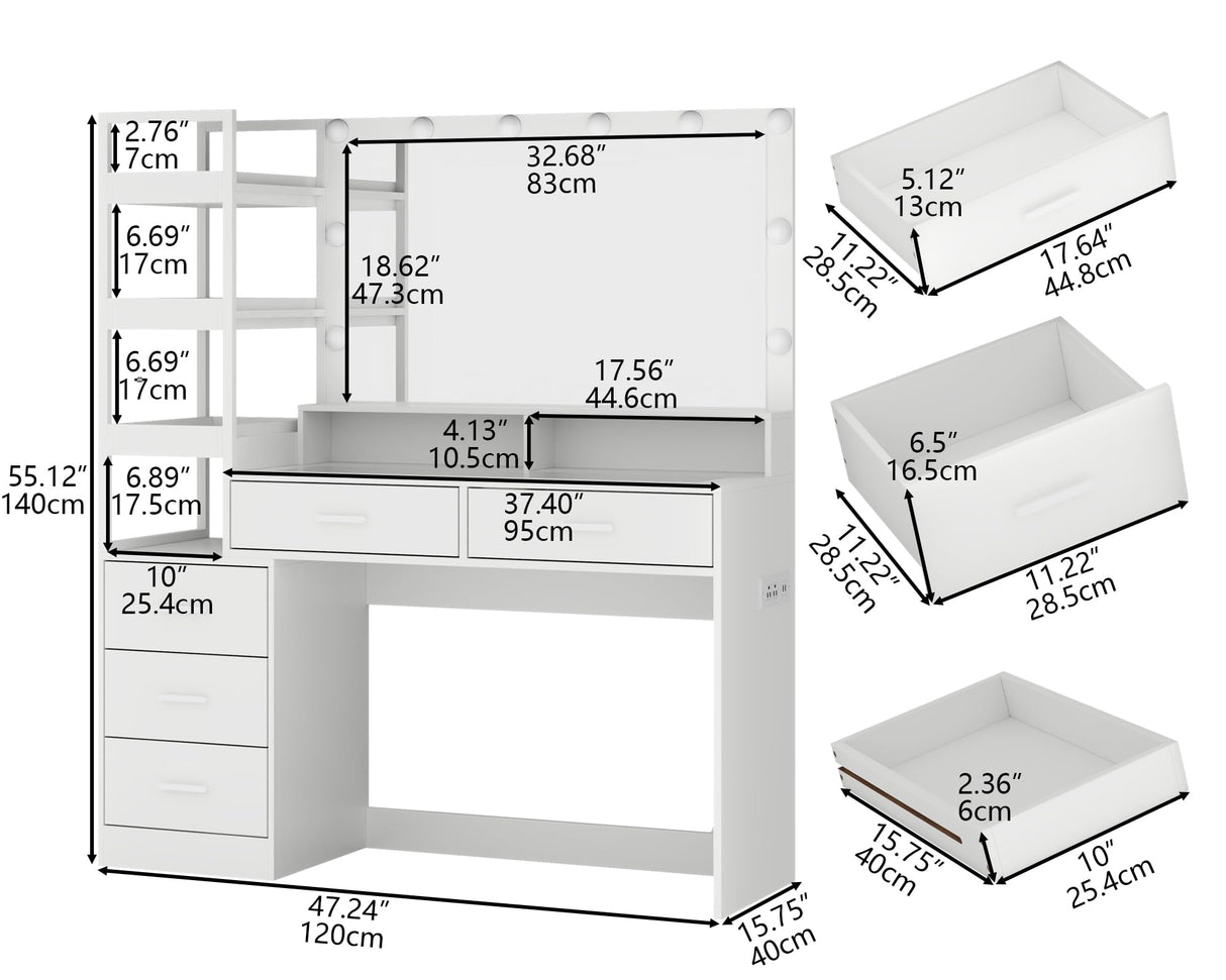 Gyfimoie White Vanity Desk with Mirror and Lights, 8 Drawer Makeup Vanity Table with Glass Top, Power Outlets and RGB Lights, Women & Girls Dressing Table with Lighted Mirror（Stool Not Included） Gyfimoie