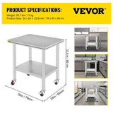 Mophorn Stainless Steel Work Table with Wheels 24 x 30 x 32 Inch Prep Table with 4 Casters Heavy Duty Work Table for Commercial Kitchen Restaurant Business, Silver and Black Mophorn