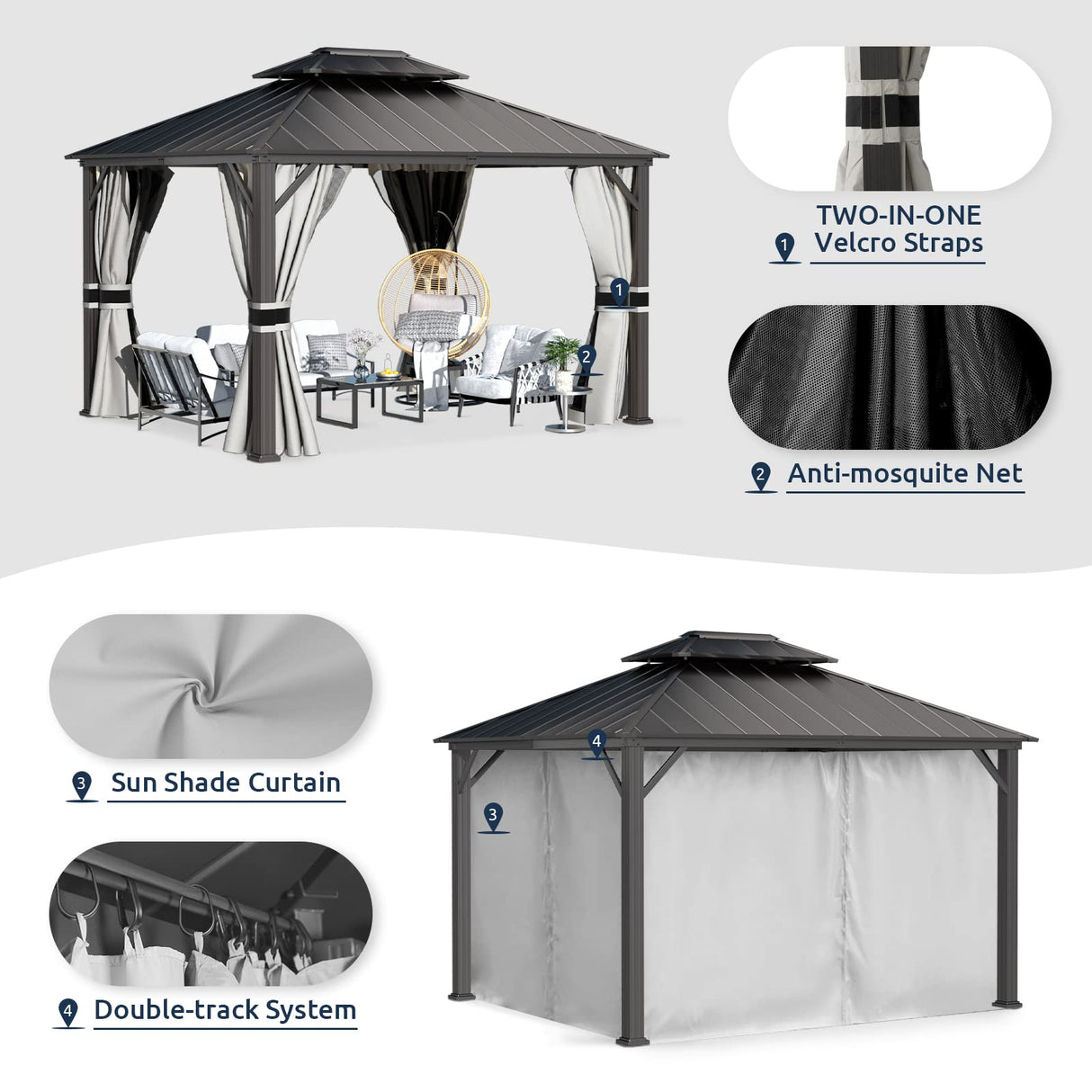 UDPATIO 10' x 12' Hardtop Gazebo, Galvanized Steel Double Roof Permanent Aluminum Gazebo, Outdoor Metal Pergolas with Mosquito Netting and Curtains for Garden, Parties, Patio, Deck, Lawns, Grey UDPATIO