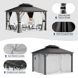 UDPATIO 10' x 12' Hardtop Gazebo, Galvanized Steel Double Roof Permanent Aluminum Gazebo, Outdoor Metal Pergolas with Mosquito Netting and Curtains for Garden, Parties, Patio, Deck, Lawns, Grey UDPATIO