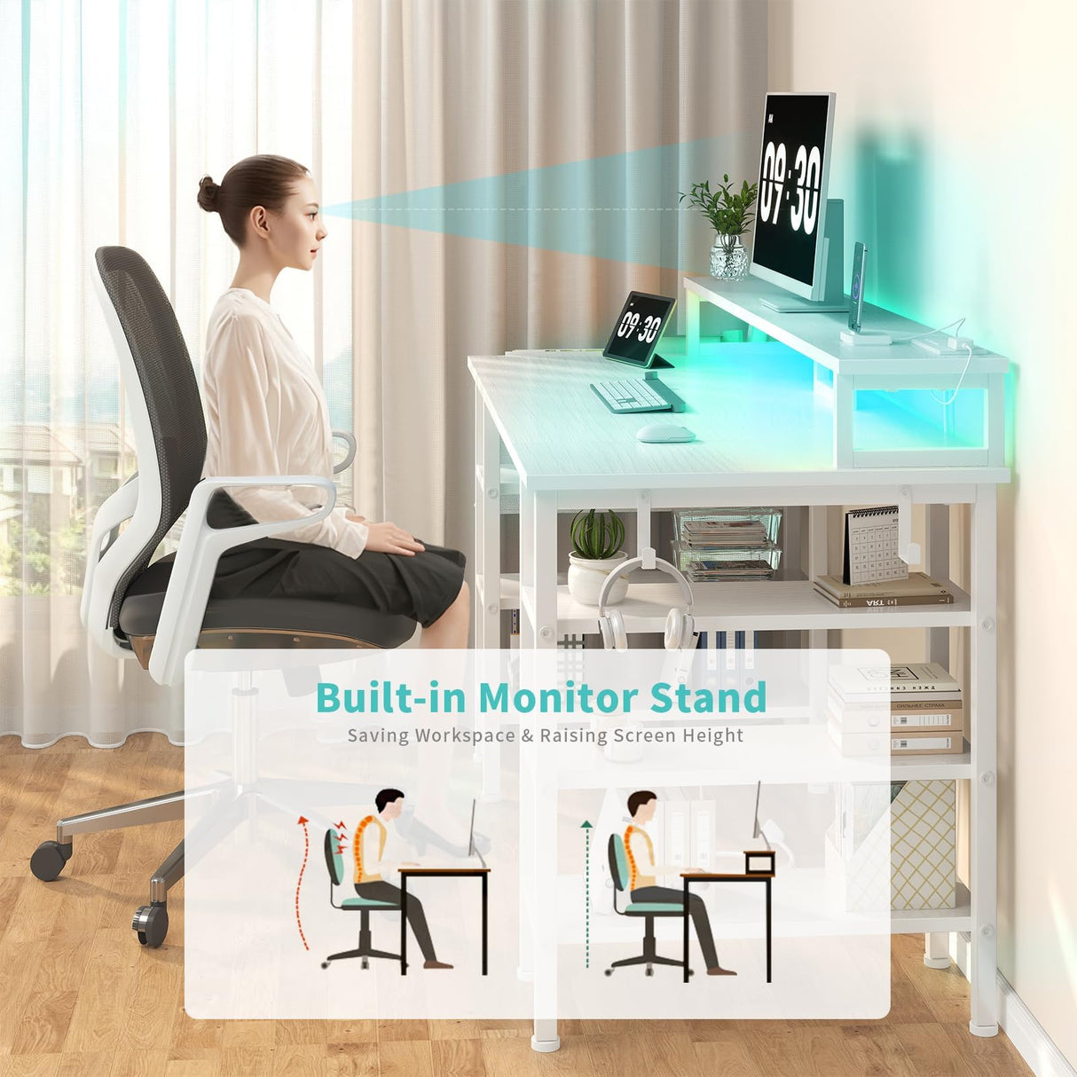 Lufeiya White Desk with Storage Shelves - 47 inch Home Office Gaming Desk with Monitor Stand, Computer Desk with LED Lights and Power Outlets, White Lufeiya
