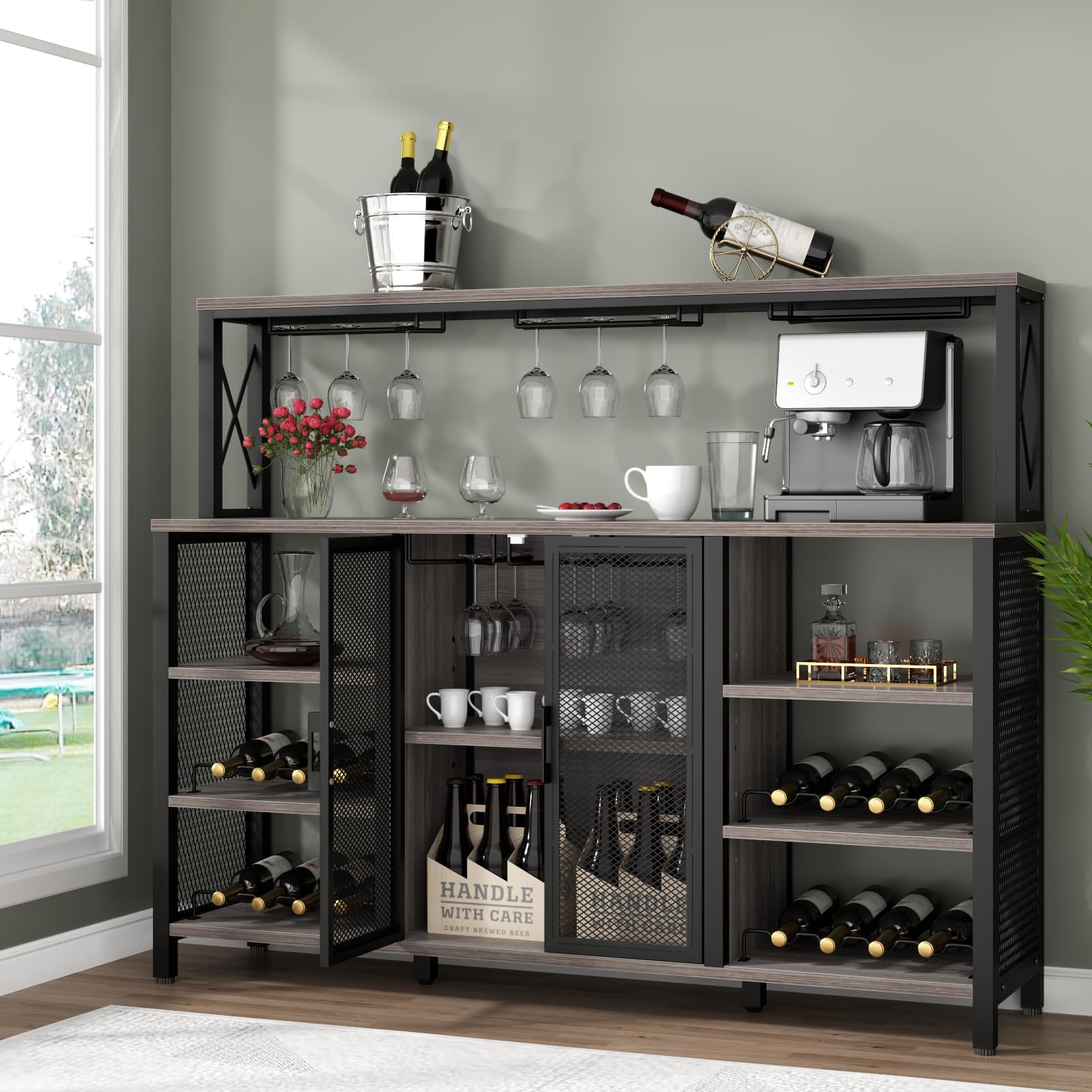 Gyfimoie Wine Bar Cabinet, 55 Inches Industry Coffee Bar Cabinet with Wine Rack and Glass Holder, Kitchen Sideboard Buffet Cabinet with Wine Rack Storage for Liquor and Glasses (Rustic Grey) - WoodArtSupply