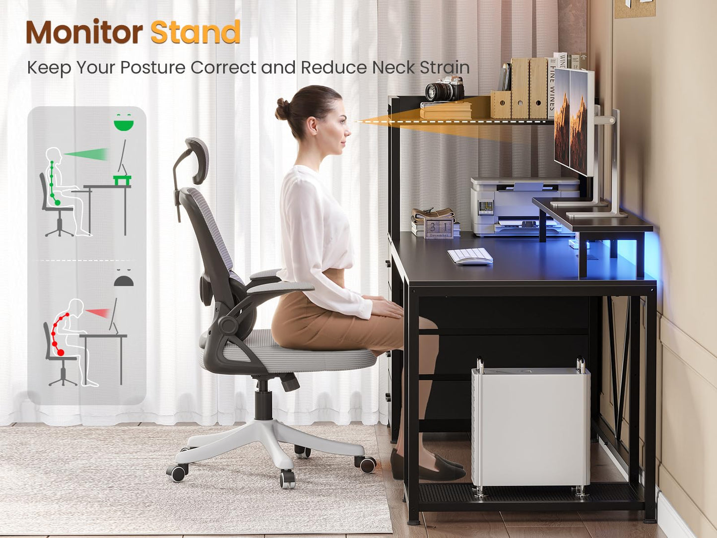 SEDETA 59" Computer Desk with 4 Drawers and Shelves, Gaming Desk with LED Lights & Power Outlets, Home Office Desk with Large Storage Space, Work from Home, Black - WoodArtSupply