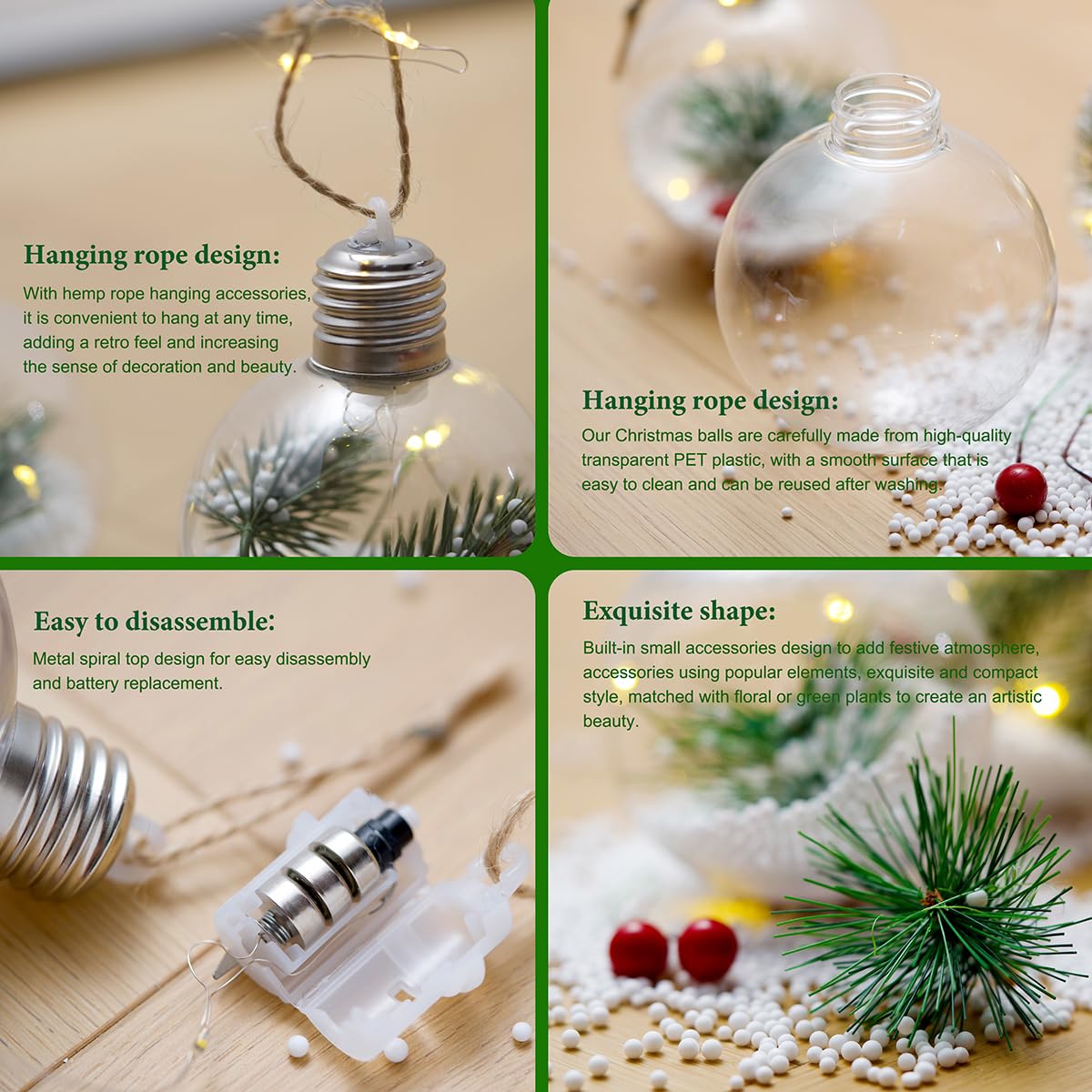 Wonnisx-2 Packs 8cm*8cm LED Christmas Tree Balls/LED Christmas Lights，Christmas Tree Decoration Ball/Glowing Transparent Christmas Balls