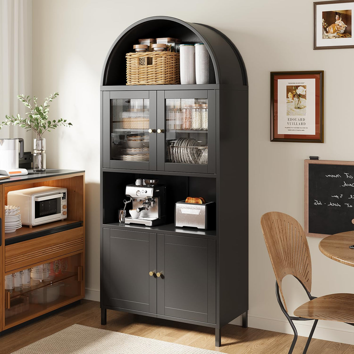 JFHID 73'' Arched Metal Storage Cabinet, Modern Kitchen Pantry with Glass Door & Adjustable Shelves, Display Bookcase Curio Cabinet for Living Room, Dining Room or Kitchen JFHID