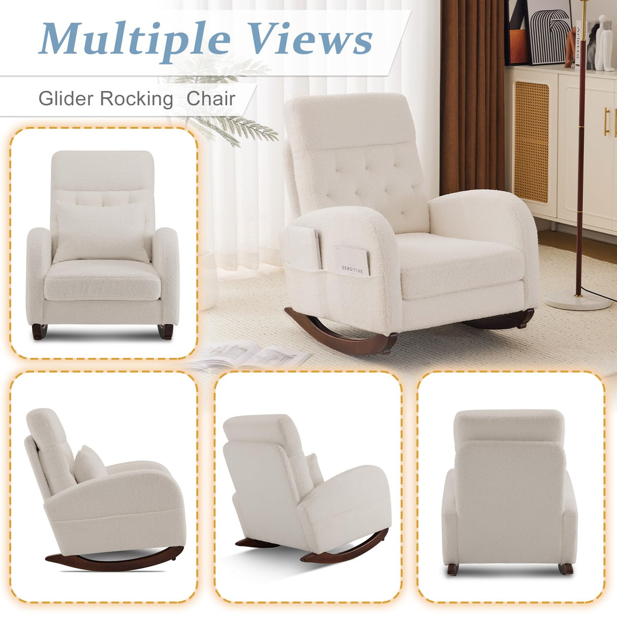 VINGLI Teddy Fleece Low Seat Rocking Chair,Boucle Upholstered Nursery Glider Chair with Side Pockets,Accent Arm Chair with High Backrest,Comfy Head Rest,Solid Wood,for Living Room, Bedroom,Beige VINGLI