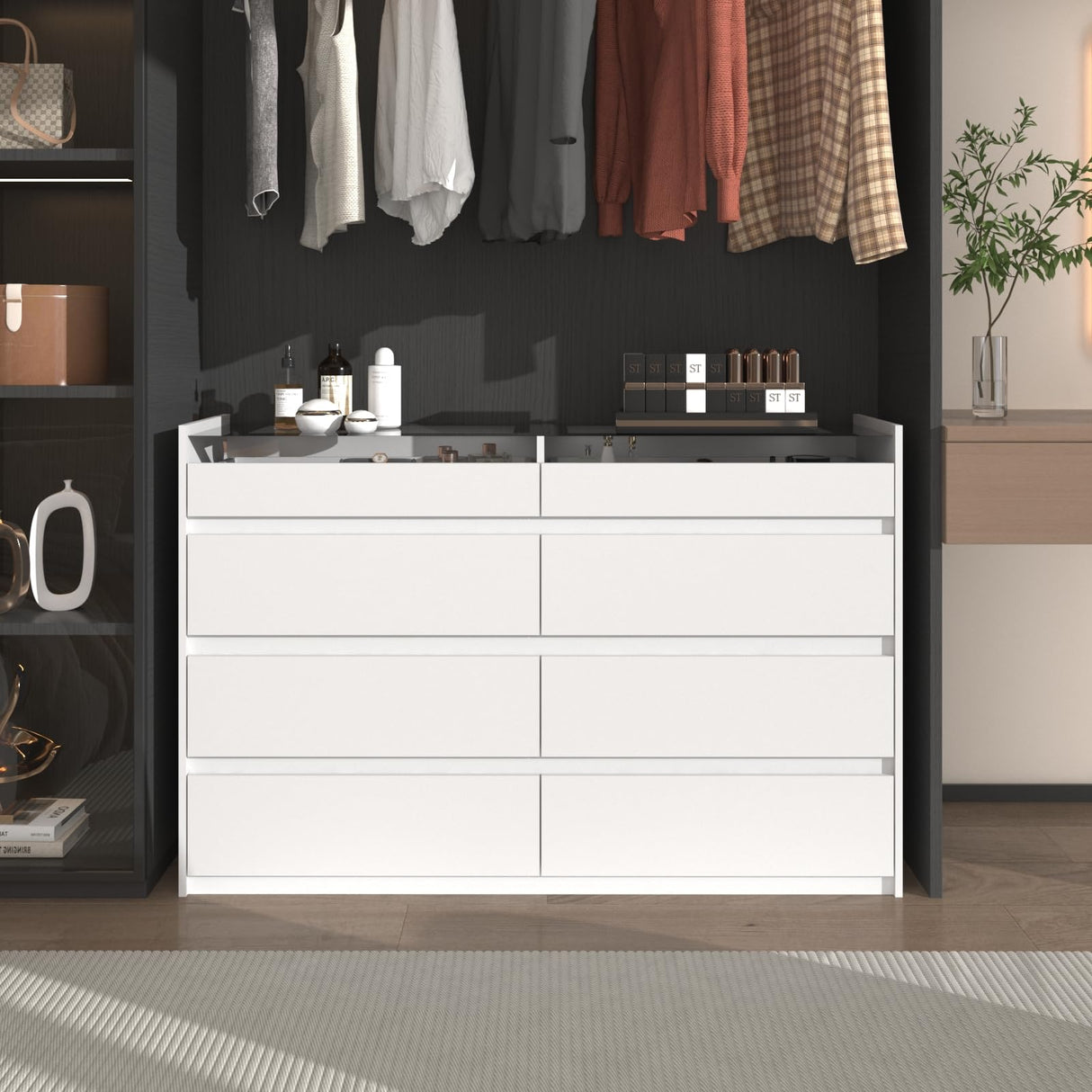 White 8 Drawer Dresser for Bedroom with LED Light, Modern Dresser Chest of Drawers with Hidden Handles and Glass Top, Dressers Organizer for Bedroom, Closet, Living Room LIVAUVEAD